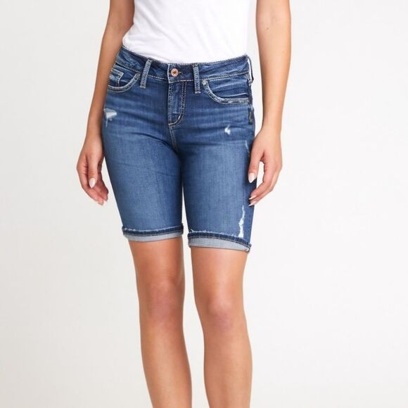 Silver Jeans Co. Suki Bermuda Shorts Jorts Denim Distressed Women's Size 29 - Picture 1 of 11